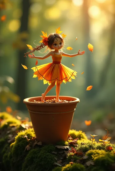 A whimsical miniature figure composed of delicately arranged autumn leaves, poised in a carefree dance on the rim of a weathered, moss-covered terracotta pot, set against a lush, vibrant forest backdrop, where dappled sunlight filters through the canopy ab...