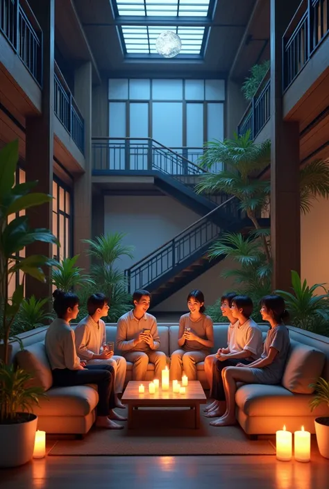 eitght Japanese people on the L-shape sofa talk merrily ,open lobby and loft,  lighted up by candles, glazing,  photo realistic, foliage plant, stairwell, moonlight from skylight 