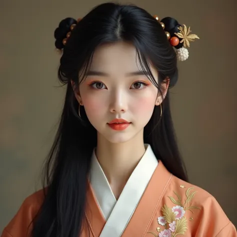 1930s Korean Beauty, Look like IU, black long hair, facing forward, Traditional Korean hanbok, Traditional Korean hairstyles, detailed eyes, detailed lips, detailed nose, masterpiece, ultra high definition, high detail, body facing forward, upper body, por...