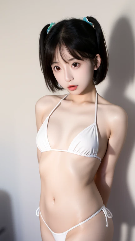 One Japan Beautiful Girl、The whole body is shown、Black Hair、Shortcuts、height 100cm、Petite girl with beautiful breasts、White tiny micro bikini、