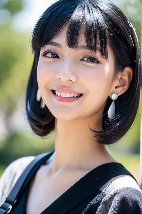 black hair, hair bobbles, longeyelashes, solid circle eyes, light smile, mole under eye, heart earrings, light smile, shy, puckered lips, Surrealism, drop shadow, stereogram, pov, atmospheric perspective, depth of field, first-person view, f/1.8, 8k, super...