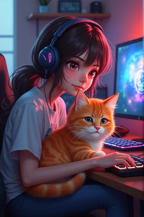 Gamer girl with an orange cat 
