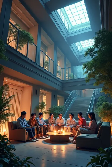 eitght Japanese people on the L-shape sofa talk merrily ,wide open lobby and loft,  lighted up by candles, glazing,  photo realistic, foliage plant, stairwell, moonlight from skylight 