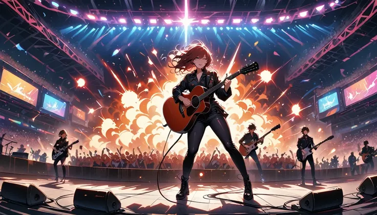 (best quality,4K,8k,high resolution,masterpiece:1.2),Super detailed,(current,photocurrent,photo-current:1.37),rock star,singer,guitar,uniform,Black,tight,golden accents,spacewalk,hysterical singing,Stage lighting,rebellious,glitch art,bright colors,Energet...