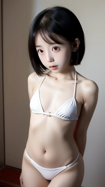 One Japan Beautiful Girl、The whole body is shown、Black Hair、Shortcuts、height 100cm、Petite Girls、White tiny micro bikini、