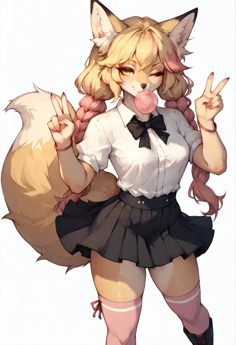 solo, score_9,score_8_up,score_7_up, kimiko, anthro, anthro furry blonde fox girl, blonde fur, long blonde hair, hair in pigtail...