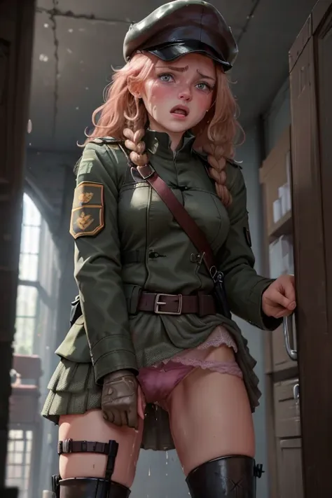 8k high resolution, best quality, dutch soldier girl, 22 years old,  curly strawberry blonde hair as a braid, decent makeup, dutch infantry uniform and Gear, dutch infantry field uniform and helmet, no panta but panties, cowardly female recruit, standing a...