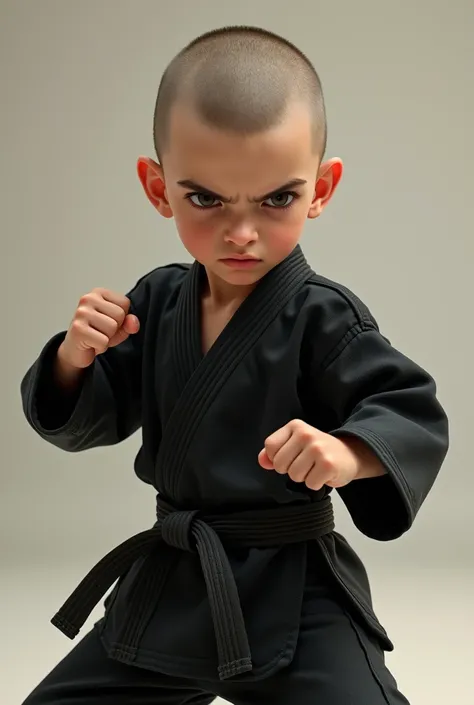 A shaved boy, with a mole near the lip, in fighting stance, wearing a black karate suit