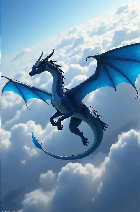 Elegant dragon flying dark grey blue eyes blue details blue wings 