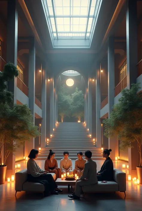 eitght Japanese people on the L-shape sofa talk at ease ,wide open lobby and loft,  lighted up by candles, glazing,  photo realistic, foliage plant, stairwell, moonlight from skylight 