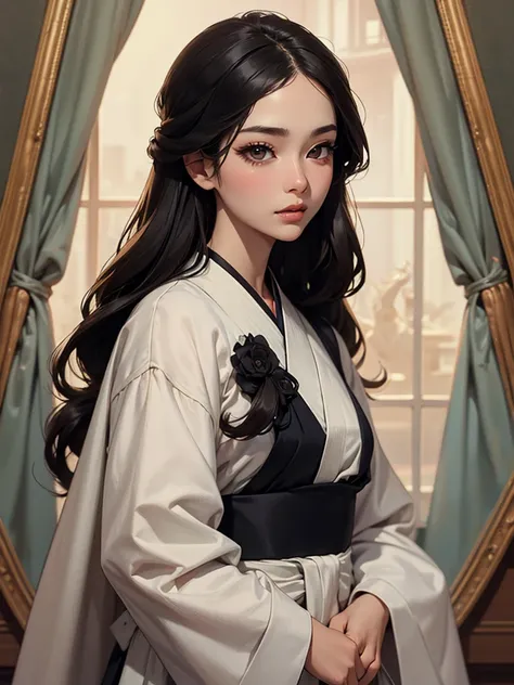 1930s Korean Beauty, black long hair, facing forward, Traditional Korean hanbok, Traditional Korean hairstyles, detailed eyes, detailed lips, detailed nose, masterpiece, ultra high definition, high detail, body facing forward, upper body, portrait