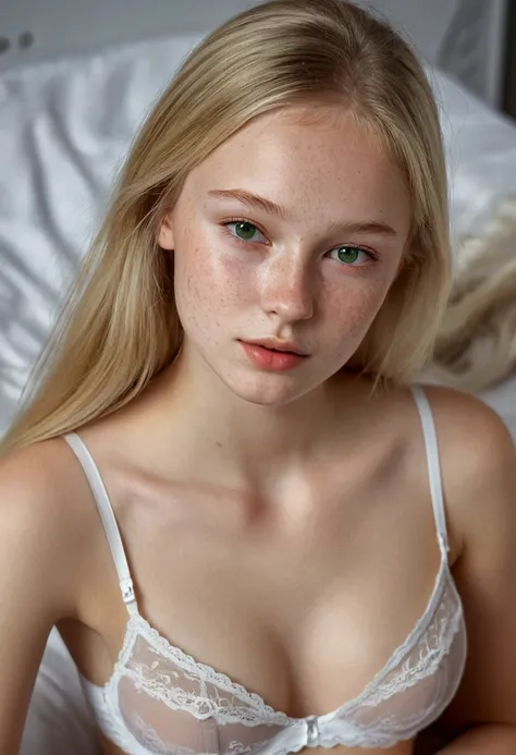 hyperrealistic, 17-year-old girl, Russian, blonde, green-grey eyes, transparente white skin, freckles on the cheeks, small lips, round nose, thin face. realistic, long legs, sexy photo, a tiny bra, bare shoulders, sexy photo, (sit posing), bed