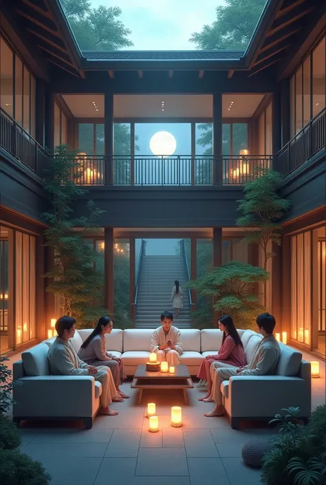 a big villa, eight Japanese people on the L-shape sofa talk at ease ,wide open lobby and loft,  lighted up by candles, glazing,  photo realistic, foliage plant, stairwell, moonlight from skylight 