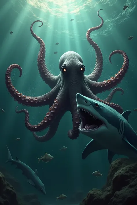 Realistic octopus and shark in one picture 
