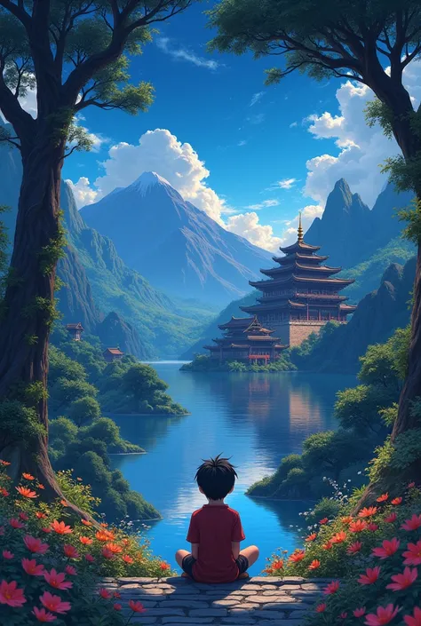 magnificent palace, mountain in the background, a boy sitting looking at the sky, floral flowers colorful, detailed landscape, Beautiful natural landscapes, atmospheric dark, night, cold colours, practical, photopractical, Detailed Foliage, complex buildin...