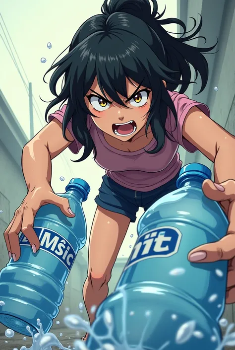 Angry anime girl pouring water bottles at the ground 