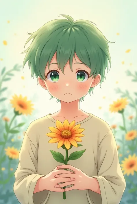 Anime boy with green boy holding flower