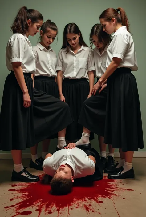 Group of school girls in long black skirts stepping on bloody boy&#39;s head