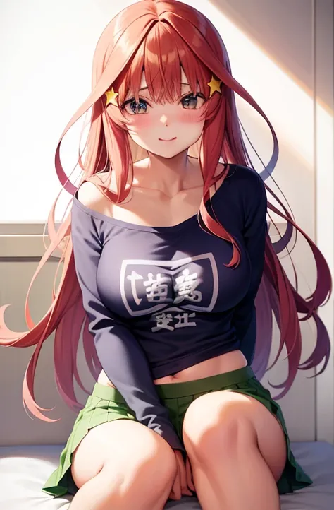 （赤い髪と青い目をしたAnime Girls）, Loose mid-cut T-shirt,((I can see my belly button))、No underwear, ((Short-sleeved shirt showing shoulders)), (Micro Mini Skirt:1.2),魅力的なAnime Girls, Anime Girls con pelo largo, 美しいAnime Girls, かわいいAnime Girls, Anime Girls, かわいいAnim...