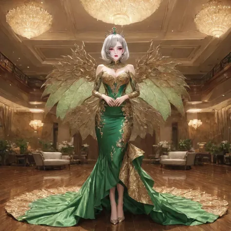 1girl, 17 years old, (shiny silver hair), (airy bob cut, bang between eyes, beautiful hair), (she wears a green venetian mask wi...