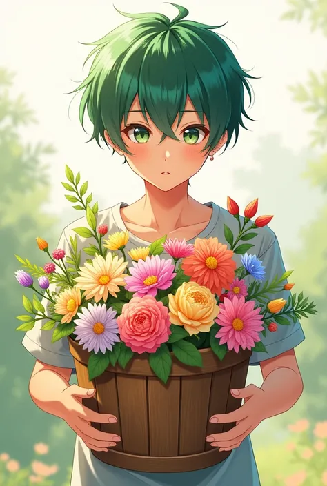 Anime adult boy with young green hair holding a bucket of flower