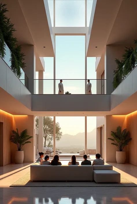 a big villa, seven people on the L-shape sofa talk at ease ,wide open lobby and loft,  lighted up by indirect illumination, glazing,  photo realistic, stairwell, moonlight from skylight 