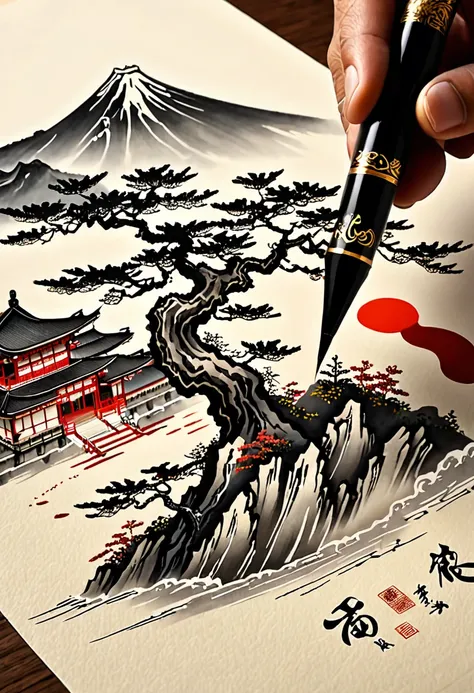 shodô, muni d'un pinceau et d'encre de chine, le calligraphe trace un idéogramme japonais sur du papier parchemin, art ancestral...