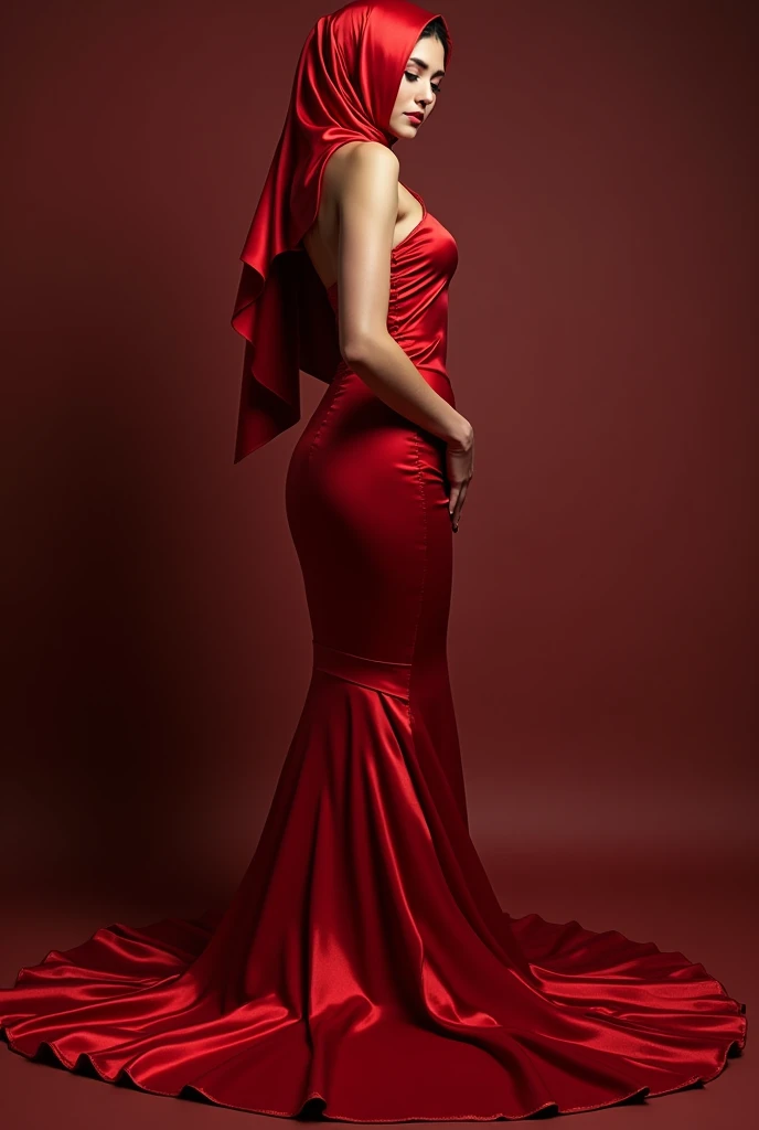 An alluring woman shrouded in a 4-meter-long, plush red satin cloth, tightly bound and grandly draping along the form of her body, flowing off into a pooled floor-length train, styled in a mermaid-inspired outfit, half naked, leg and arm tied with satin cl...