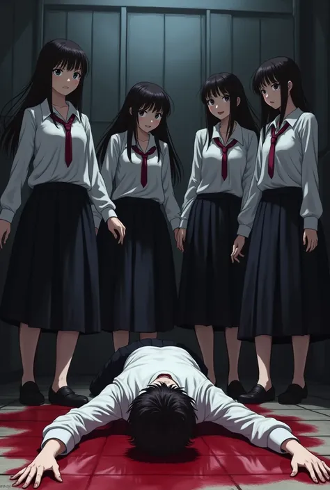 Group of school girls in long black skirts stepping on bloody boy&#39;s head in anime