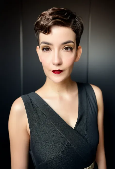 22 yrs beautiful woman, (ultra short pixie haircut), right side hair part, ((bald fade)), flowing sleeveless dress, (close-up, e...