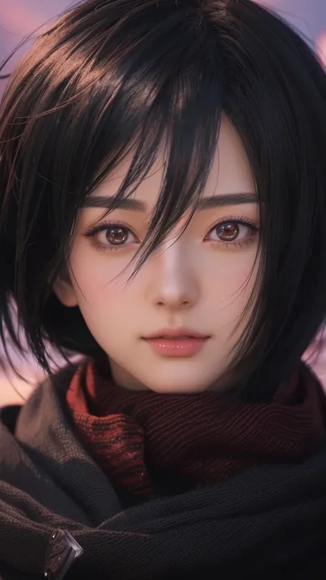 Anime girl with black hair and red scarf looking at camera, Photorealistic Animation, Photorealistic Animation girl render, Ultra realistic anime, Anime realism style, 8K Portrait Rendering, Stunning Anime Face Portraits, 3D Anime Real, Portrait of a femal...