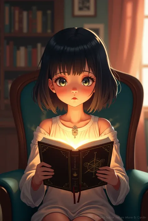 Girl with short shoulder length hair reading a magic book, that will transport you to a fantasy world where kings and queens exist