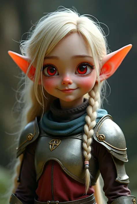 Boy adolescent elf long braided hair , red eyes, goofy looking, with armor