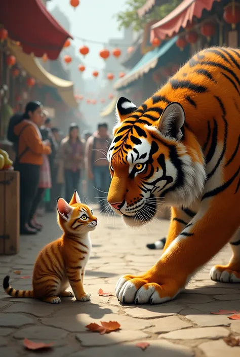 A cat asks its mama tiger in the market