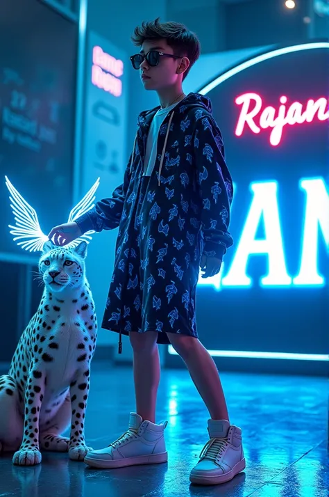 Create a 3D illusion for a profile picture where an 18 year old boy with sunglasses and a blue and black lightning dress sits relaxed on a helicopter fantasy. With HandPanch hand blue neon light. And a fierce White Cheetah by my side. Wearing sneakers, he ...