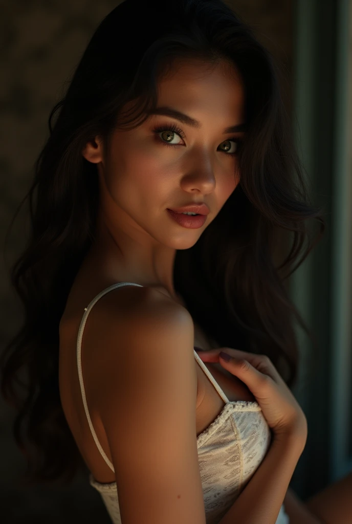 night scene, close up photo of a sexy naked malay girl posing, look at a camera and smile, (green eyes:0.8), big tit, cute young face, 18 yo, soft volumetric lights, (backlit:1.3), (cinematic:1.3), intricate details, (ArtStation:1.2)