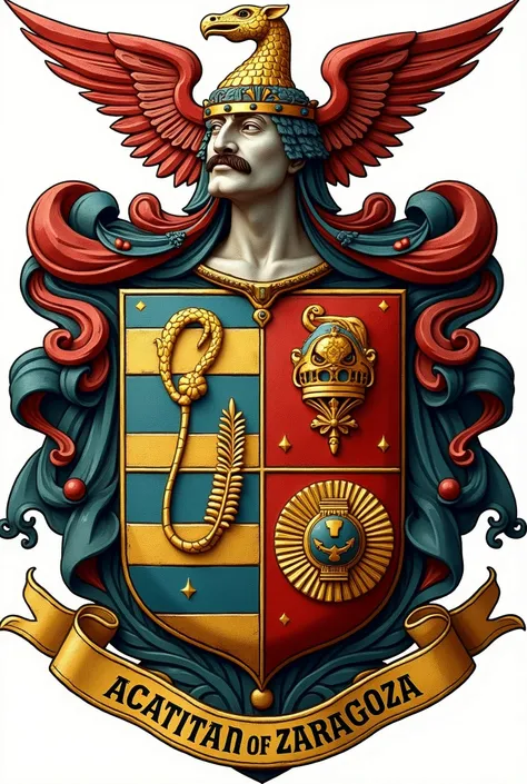 Coat of arms of "Acatitlan of Zaragoza". Include the Aztec glyph of "cane" and the effigy of General Ignacio Zaragoza.