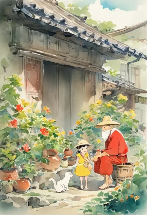 There are two roles，One is an old man sitting on a small stool，Wearing a yellow top and a wide-brimmed straw hat，Face to the left。The other is a little girl standing，Wearing red clothes，Seems to be talking to an old man。There is a kitten standing next to h...