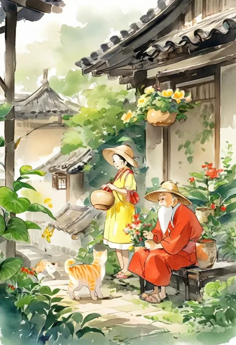 There are two roles，One is an old man sitting on a small stool，Wearing a yellow top and a wide-brimmed straw hat，Face to the left。The other is a little girl standing，Wearing red clothes，Seems to be talking to an old man。There is a kitten standing next to h...