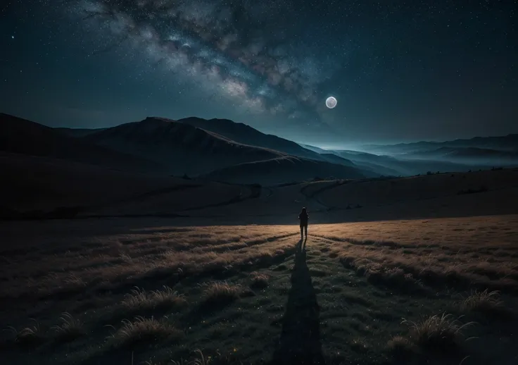 A mysterious and inspiring landscape, with a starry night sky, illuminated by a large full moon. in the middle of the image, a figure of God, partially shrouded in shadows, but radiating light. As palavras "Why God Allows Things We Don&#39;t Understand?" a...