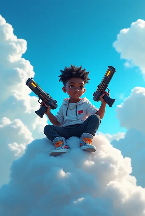 Aslepius young black kid with alcuard guns sitting on clouds 