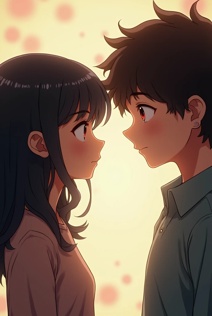 create an anime-style copulation of a girl with dark, wavy hair looking at a boy with medium, curly hair 