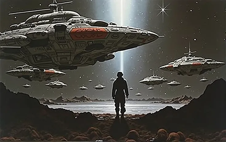 spaceships and ships in a space station with a star in the background, moebius art, noriyoshi ohrai masterpiece, moebius illustration art, moebius artwork, by Noriyoshi Ohrai, art of moebius, ralph mcquarie, ralph mcquarrie concept art, ralph mcquarrie. ce...