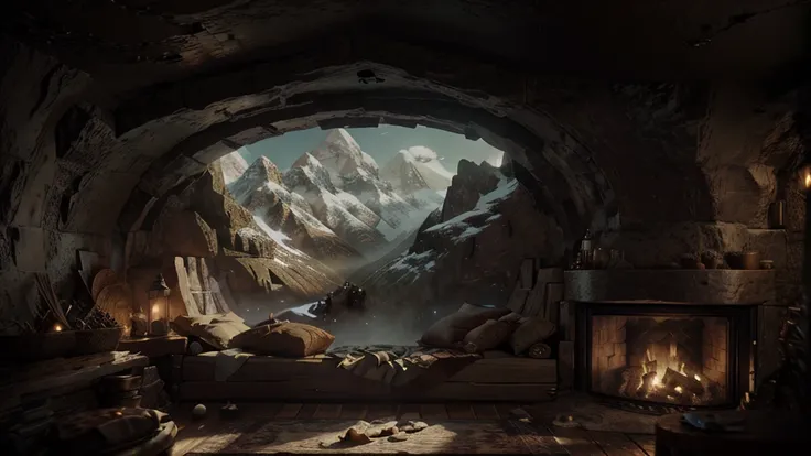 a view of a fireplace with a mountain view through it, magical environment, cosy enchanted scene, fantasy setting, beautiful fantasy cave scene, atmospheric fantasy setting, interior of a hobbit hole, fantasy scenic, detailed scenery, cozy place, in his ho...