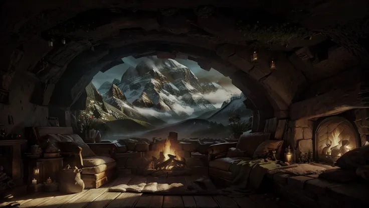 a view of a fireplace with a mountain view through it, magical environment, cosy enchanted scene, fantasy setting, beautiful fantasy cave scene, atmospheric fantasy setting, interior of a hobbit hole, fantasy scenic, detailed scenery, cozy place, in his ho...