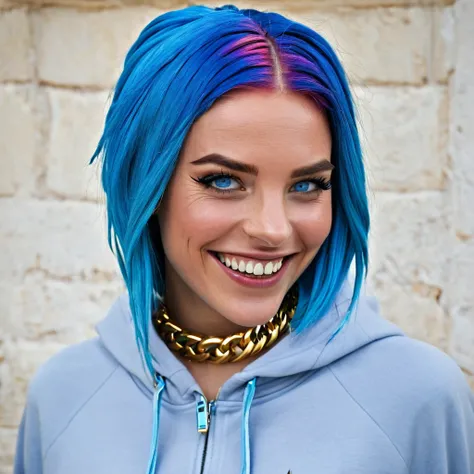 (masterpiece, best quality),  intricate details,, 1woman,     Gura, multicolored hair, blue eyes, shark hair ornament, gold hair ornament, gold choker, gold bracelet, sharp teeth, grin, blue hoodie,,  greek clothes, peplos,