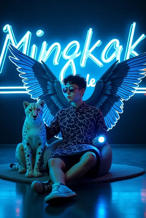 Create a 3D illusion for a profile picture where a handsome 20 year old young man with sunglasses and a blue and black lightning dress sits relaxed on a helicopter fantasy. With HandPanch hand blue neon light. And a fierce White Cheetah by my side. Wearing...