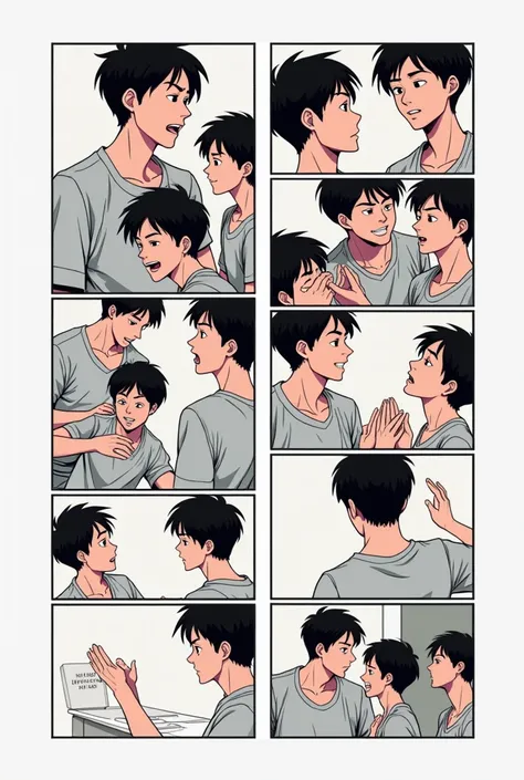 yaoi manga page with various frames like a comic book page, 12 comics of scenes of the same 2 young boys, the passive is beautiful (The young 15 year old Chinese boy with thin face is the passive small penis) the asset is a big roll american and try 10 yea...