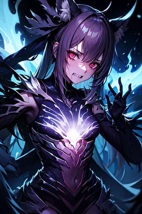 A female monster wearing blue flame-covered clothing on a dark road at night, gritting her teeth in pain