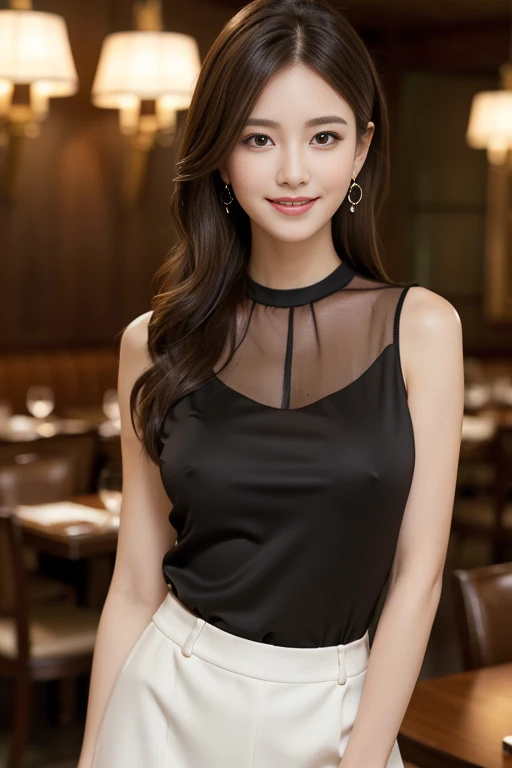 masterpiece, Highest quality, Realistic, Very detailed, Finer details, High resolution, 8k wallpaper, One beautiful woman, Wear an elegant black see-through blouse, In a great restaurant, At night, Light brown hair, Perfect dynamic composition, Beautiful a...